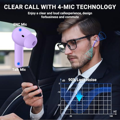 Wireless Earbuds, 2025 Wireless Headphones HiFi Stereo Earphones with 4 ENC Noise Canceling Mic, 42Hs Playtime In Ear Earbud, Bluetooth 5.3 Sport Earphones with LED Power Display for Android iOS - color: Purple
