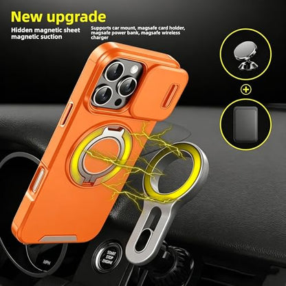 Rugged Shockproof Case for iPhone 17 Pro Max, Heavy Duty Protective Phone Case with Slide Camera Cover, 360° Rotatable Ring Stand & Magnetic Car Mount Compatible (Yellow,iPhone 17 Pro Max) - color: Yellow