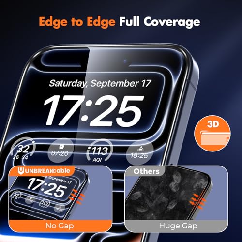 UNBREAKcable for iPhone 17 Pro Screen Protector, 3-Pack Full Coverage Tempered Glass [Military Grade Shatterproof] [9H Hardness] [Easy Installation] [Bubble Free] [99.99% HD Clear] for iPhone 17 Pro - size: iPhone 17 Pro