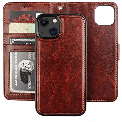 Bocasal Detachable Wallet Case Card Holder for iPhone 13, Brown | RFID Blocking Kickstand Card Slots Holder PU Leather Magnetic Shockproof Wrist Strap Removable Flip Protective Cover 6.1 inch - color: Brown