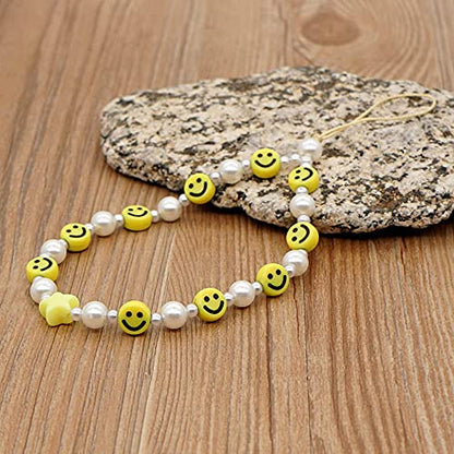 LUSTEMBER Cute Beaded Phone Charm, Smiley Face Wrist Strap, Colorful Handmade Polymer Clay and Pearl Chain - color: Yellow