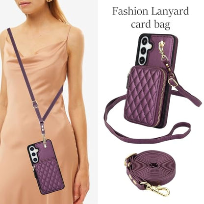 Phone Case for Samsung Galaxy S25 5G Wallet Cell Cover with Tempered Glass Screen Protector Wrist Crossbody Strap RFID Blocking Credit Card Holder Slot S 25 25S 25 25S SM-S931U Women Girls Dark Purple - color: Dark Purple