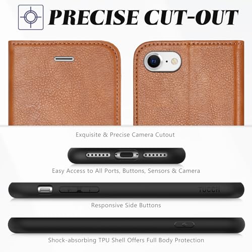 TUCCH Wallet Case for iPhone SE 2022/ SE2020/iPhone 7/8/, Light Brown | 3 Card Holders, Kickstand, PU Leather, Shockproof TPU Shell, Magnetic Closure, Protective Folio Cover - color: Brown - Textured