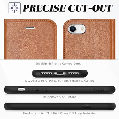 TUCCH Wallet Case for iPhone SE 2022/ SE2020/iPhone 7/8/, Light Brown | 3 Card Holders, Kickstand, PU Leather, Shockproof TPU Shell, Magnetic Closure, Protective Folio Cover - color: Brown - Textured