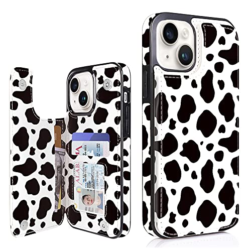 Compatible with iPhone 14 6.1" and iPhone 13 6.1" Wallet Case with Card Holder Folio Flip PU Leather Kickstand Card Slots Case Double Magnetic Clasp and RFID Blocking Cover 6.1 Inch (Cow Print) - color: Black Cow Print, size: iPhone 14/13