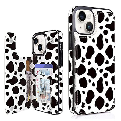 Compatible with iPhone 14 6.1" and iPhone 13 6.1" Wallet Case with Card Holder Folio Flip PU Leather Kickstand Card Slots Case Double Magnetic Clasp and RFID Blocking Cover 6.1 Inch (Cow Print) - color: Black Cow Print, size: iPhone 14/13