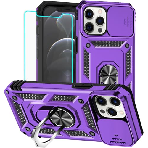 HNHYGETE for iPhone 12 Pro Max Case with Screen Protector: [Military Grade 20ft. Drop Tested] Slide Camera Cover Ring Shockproof Protective Phone Case for - iPhone 12 Pro Max (Purple) - color: Purple, size: iPhone 12 Pro Max