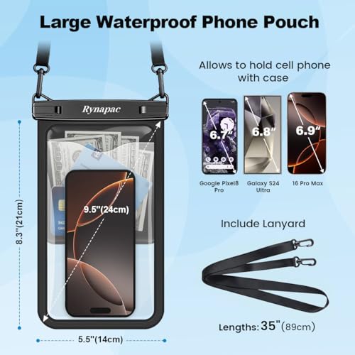 Rynapac Large Waterproof Phone Pouch [Up to 10"] - 2 Pack IPX8 Waterproof Phone Case for iPhone 17 16 15 Pro Max Galaxy S26 Ultra, Touchscreen & Underwater Photography, Beach Cruise Essentials 2026 - color: [Black + Bright Red] Large Waterproof Phone Pouc