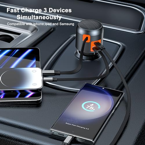 60W Retractable Car Charger, 3-Port USB-C Fast Charging Adapter - color: Orange