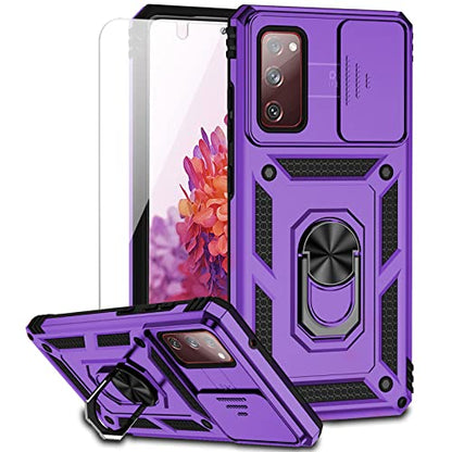 for Samsung Galaxy S20 FE 5G Case with Camera Lens Cover HD Screen Protector, Military-Grade Drop Tested Magnetic Ring Holder Kickstand Protective Phone Case for Samsung Galaxy S20 FE 5G, Purple - color: Purple with camera cover Military-Grade 2nd gen