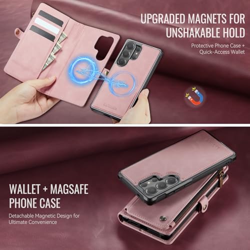Defencase for Galaxy S26 Ultra Case Wallet Compatible with Magsafe, Pink | Magnetic Detachable, RFID Bolcking Card Holder, Zipper Strap, PU Leather Drop-Proof Phone Cover for Samsung Galaxy S26 Ultra - color: (Detachable with Magsafe)-Pink