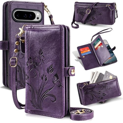 for Google Pixel 9 Pro XL/10 Pro XL Case Wallet,RFID Blocking Card Holder Zipper Leather Flip Cover Crossbody Wrist Strap with Stand (Floral Dark Purple) - color: Floral Dark Purple