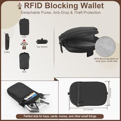 YFWE Clip and Go Strap for Phone With Wallet Crossbody (Detachable RFID Wallet) - Adjustable Phone Strap w/Soft Silicone Pad, Universal Phone Lanyard with 360° Rotatable Tether Tabs for All Phones - color: 1-black
