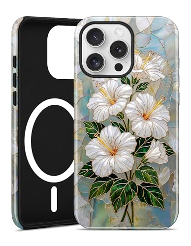 Jusy Magnetic Stained Glass Floral Case for iPhone 16e/17e, Hibiscus | Compatible with MagSafe, Cute Aesthetic Flower Design, TPU and PC Protective Phone Cover - color: Hibiscus
