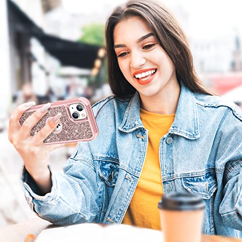 Hython Case for iPhone 13 Case Glitter, Cute Sparkly Shiny Bling Sparkle Cover, Heavy Duty 3 in 1 Hybrid Hard PC Soft TPU Bumper Full Body Shockproof Protective Phone Cases for Women Girls, Rose Gold - color: Rose Gold