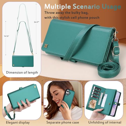 for Wallet Case Compatible with iPhone 17,Multi-Function Detachable 2 in 1 Magnetic iPhone 17 Case Wallet,Flip Strap Zipper Card Holder Phone Case with Shoulder Straps (Green) - color: Green, size: iPhone 17