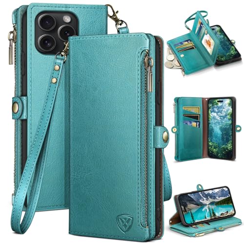 XcaseBar Compatible with iPhone 16 Pro 6.3" Wallet case with Zipper Credit Card Holder【RFID Blocking】,Flip Folio Book PU Leather Phone case Shockproof Cover Men Women for Apple 16 Pro case Blue Green - color: Blue Green