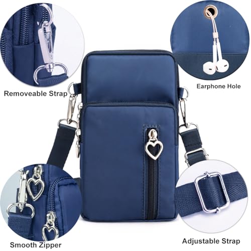 Small Crossbody Bag for Women, Multi Zip Pockets Nylon Wallet Purse Credit Card Holder with Detachable Hand Strap - color: Darkblue