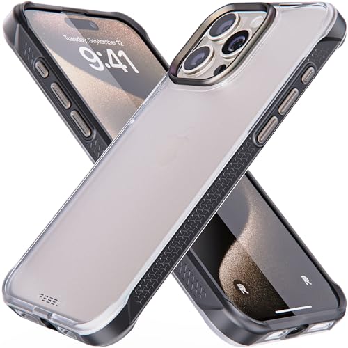 REBEL Clear Case for iPhone 15 Pro Max [Frosted Series Gen-5] Translucent Matte Texture, Grippy Sides, Non-Yellowing, Protective Shockproof Bumpers, Metal Lens & Buttons, 6.7 Inch Phone 2023 - color: Frosted Black, No MagSafe, size: iPhone 15 Pro Max