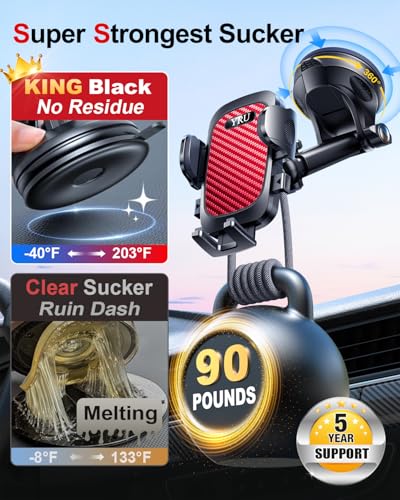 YRU True Military-Grade [360° Rotation Suction] 2026 Ultimate Car Phone Holder Mount 【90+LBS Safest Strongest & Patent Certs】 Dashboard Windshield Vent for iPhone 18 Pro Max Samsung Webcam, Red - color: Red