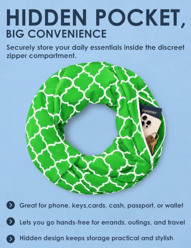 Pop Fashion Quatrefoil Pattern Infinity Scarf for Women - Travel Scarf with Hidden Pocket - All Seasons - color: Green, size: 24.5 x 9.5