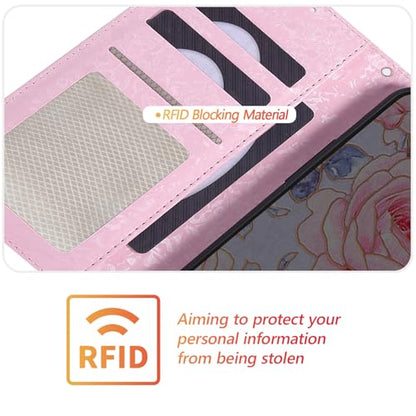 UEEBAI Wallet Case for iPhone 17 Pro, PU Leather Phone Cover Kickstand RFID Blocking Flip Case Card Slots Wrist Strap Relief Engraved Pattern Magnetic Closure Flower Folio Wallet, Purple Rose - color: Purple Rose, size: iPhone 17 Pro