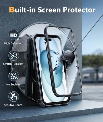 FNTCASE for iPhone 15 Plus Case, Built-in Screen Protector, Kickstand Black | Military-Grade Drop Protection, Anti-Slip Matte Textured, Rugged Heavy Duty Shockproof TPU Protective Cover - color: Black
