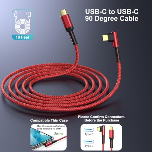OKRAY USB C Cable 10ft, 5-Pack USB c to USB c 90 Degree Right Angle Cords - color: Red Red Red Red Red