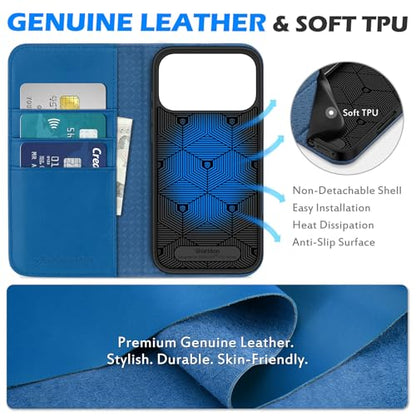 SHIELDON Genuine Leather Wallet Case for iPhone 17 Pro Max, Sapphire Blue | Magnetic Closure, RFID Blocking, Credit Card Holder, Kickstand, Folio Design, Shockproof Phone Cover for Men Women - color: Sapphire Blue
