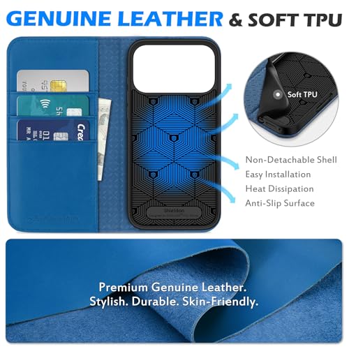 SHIELDON Genuine Leather Wallet Case for iPhone 17 Pro Max, Sapphire Blue | Magnetic Closure, RFID Blocking, Credit Card Holder, Kickstand, Folio Design, Shockproof Phone Cover for Men Women - color: Sapphire Blue