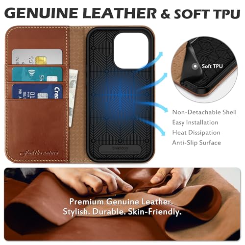 SHIELDON Genuine Leather Case Wallet for iPhone 14 Pro 6.1", Retro Brown | Folio Magnetic Closure, RFID Blocking, Credit Card Holder, Kickstand, Shock Absorbing Protective Cover - color: Brown - Retro