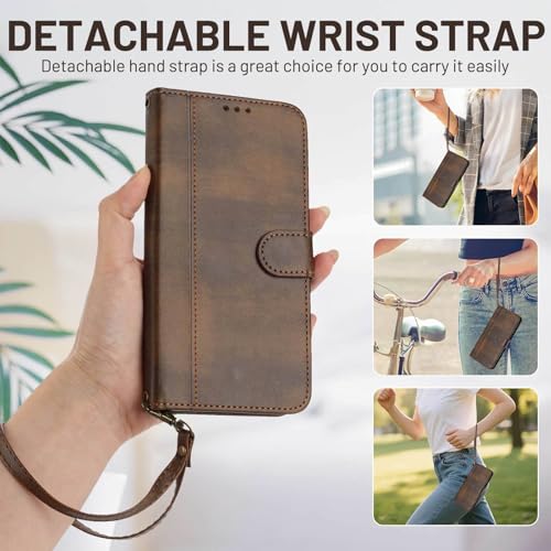 for Galaxy A17 5G Phone Case Wallet and Wrist Strap (Brown) | Card Holder Slots, PU Leather, Flip Cover, Magnetic Closure, Kickstand, Folio Protective, for Samsung A17 Case - color: Brown