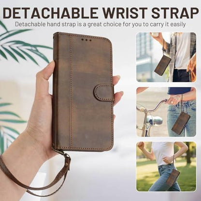 for Galaxy A17 5G Phone Case Wallet and Wrist Strap (Brown) | Card Holder Slots, PU Leather, Flip Cover, Magnetic Closure, Kickstand, Folio Protective, for Samsung A17 Case - color: Brown