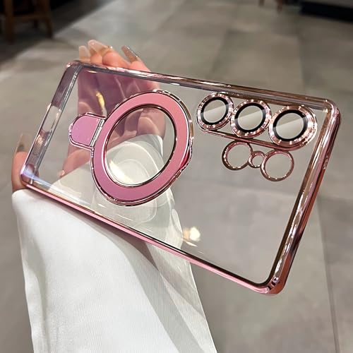LXK Magnetic for Samsung Galaxy S26 Ultra Case with Stand Clear, Pink | [Fit for MagSafe] [Full Camera Protection] Titanium Alloy Sturdy Stand, 15FT Military Protection for Galaxy S26 Ultra Case - color: Pink