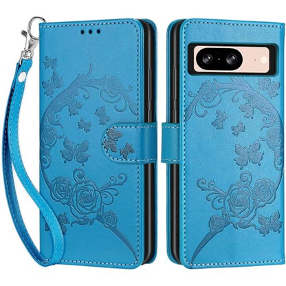 Wallet Case for Google Pixel 8, Blue Flower | Women Flip Folio Cover, Embossed PU Leather, Stand, Credit Card Holders Slots, Wrist Strap - color: 5
