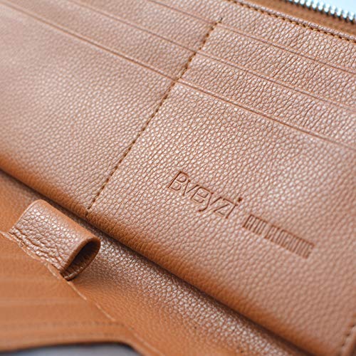 Bveyzi Women RFID Blocking Wallet Leather Zip Around Phone Clutch Large Capacity Ladies Travel Purse Wristlet - color: Brown