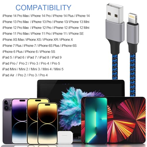 iPhone Charger, Lightning Cable 3PACK 6FT MFi Certified USB Charging Cord - color: Blue