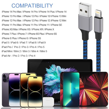 iPhone Charger, Lightning Cable 3PACK 6FT MFi Certified USB Charging Cord - color: Blue