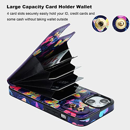 HAOPINSH for iPhone 13/ iPhone 14 Wallet Case with Card Holder, 360°Rotation Ring Kickstand, Pink Butterfly Pattern, RFID Blocking Leather for Girls Women, Double Buttons Flip Cover 6.1" - color: Pink Butterfly