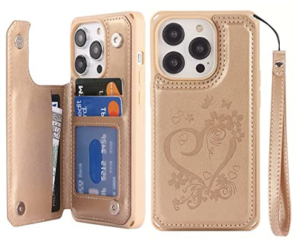 iCoverCase Compatible with iPhone 14 Pro Wallet Phone Case with Card Holder for Women, RFID Blocking Embossed PU Leather Wrist Strap Case 6.1 Inch (Heart Gold) - color: H-Gold