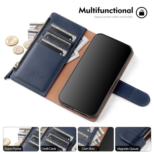 Shieldtop Compatible with Samsung Galaxy A37 5G Wallet Case with Card Holder,PU Leather Phone Case Flip Protective Cover Wrist Strap Zipper Credit Card Slots RFID Blocking Women Men,Blue - color: Blue