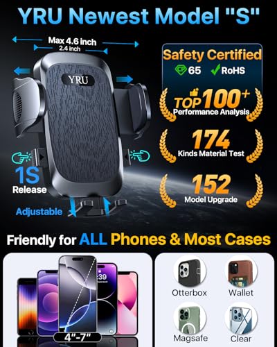 YRU [2026 Ultimate Car Phone Holder Mount [Bendable & Adjustable Aluminum Arm] Cell Phone Holder for Car Dashboard Windshield Phone Stand for iPhone 17 16 15 14 Pro Max Samsung Pickup Truck, Black - color: Black