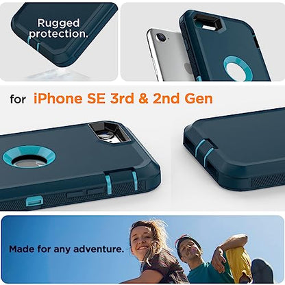 AICase for iPhone SE Case 3rd & 2nd Generation, for iPhone SE 2022/2020 Built-in Screen Protector Heavy Duty Protective Shockproof 3-Layer Full Body Rugged Phone Cover, Blue/Turquoise - color: Blue/turquoise