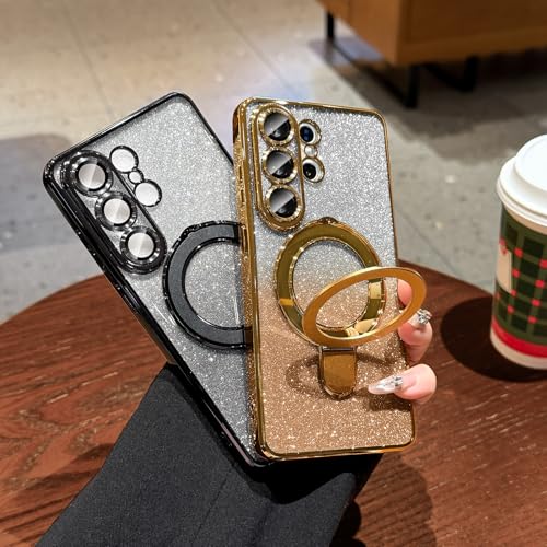 LXK Magnetic for Samsung Galaxy S26 Ultra Case with Stand, Compatible with MagSafe, with Camera Protector, Clear Luxury Glitter Bling Drop Protection iPhone Case for Galaxy S26 Ultra, Gold - color: Gold Glitter