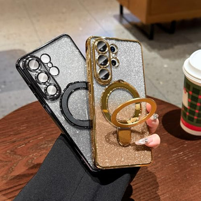 LXK Magnetic for Samsung Galaxy S26 Ultra Case with Stand, Compatible with MagSafe, with Camera Protector, Clear Luxury Glitter Bling Drop Protection iPhone Case for Galaxy S26 Ultra, Gold - color: Gold Glitter