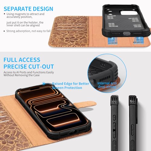 Genuine Leather Wallet Case for iPhone 17 Pro, Brown | 2-in-1 Magnetic Detachable, Flip Folio Cover, Card Slots, RFID Blocking, Shockproof Protection - color: Brown, size: 17 Pro 6.3‘’