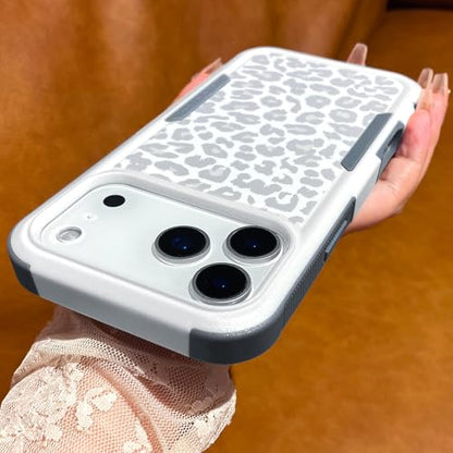Cute White Leopard Light Gray Cheetah Case for iPhone 17 Pro Max | Heavy Duty Tough Rugged Full body Protection Shockproof Protective Phone Case for Women Girls - color: iPhone 17 Pro Max