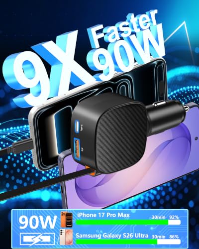 Apple MFi Certified Retractable Car Charger, 90W USB C Car Charger Adapter - color: Piano Black