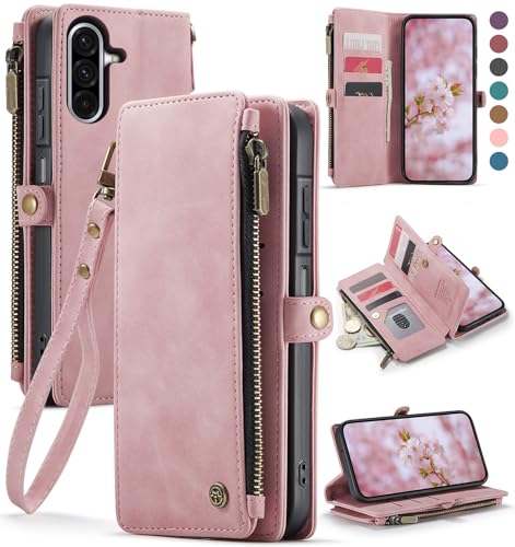 Defencase for Samsung Galaxy A26 5G Wallet Case with Card Holder, Rose Pink | RFID Blocking, Zipper Pocket, Durable PU Leather, Wrist Strap, Fashion Snap Flip Phone Cases Cover with Stand for Women Men - color: Airy Rose Pink