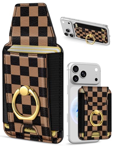 Shorogyt Compatible with Magsafe Wallet with Ring Grip Magnetic Card Holder - Cute Phone Wallets with Stand for iPhone 17/16/15/14/13/12 Series for Women Girls Black Grid Design, Fit 7 Cards - color: Black Grid